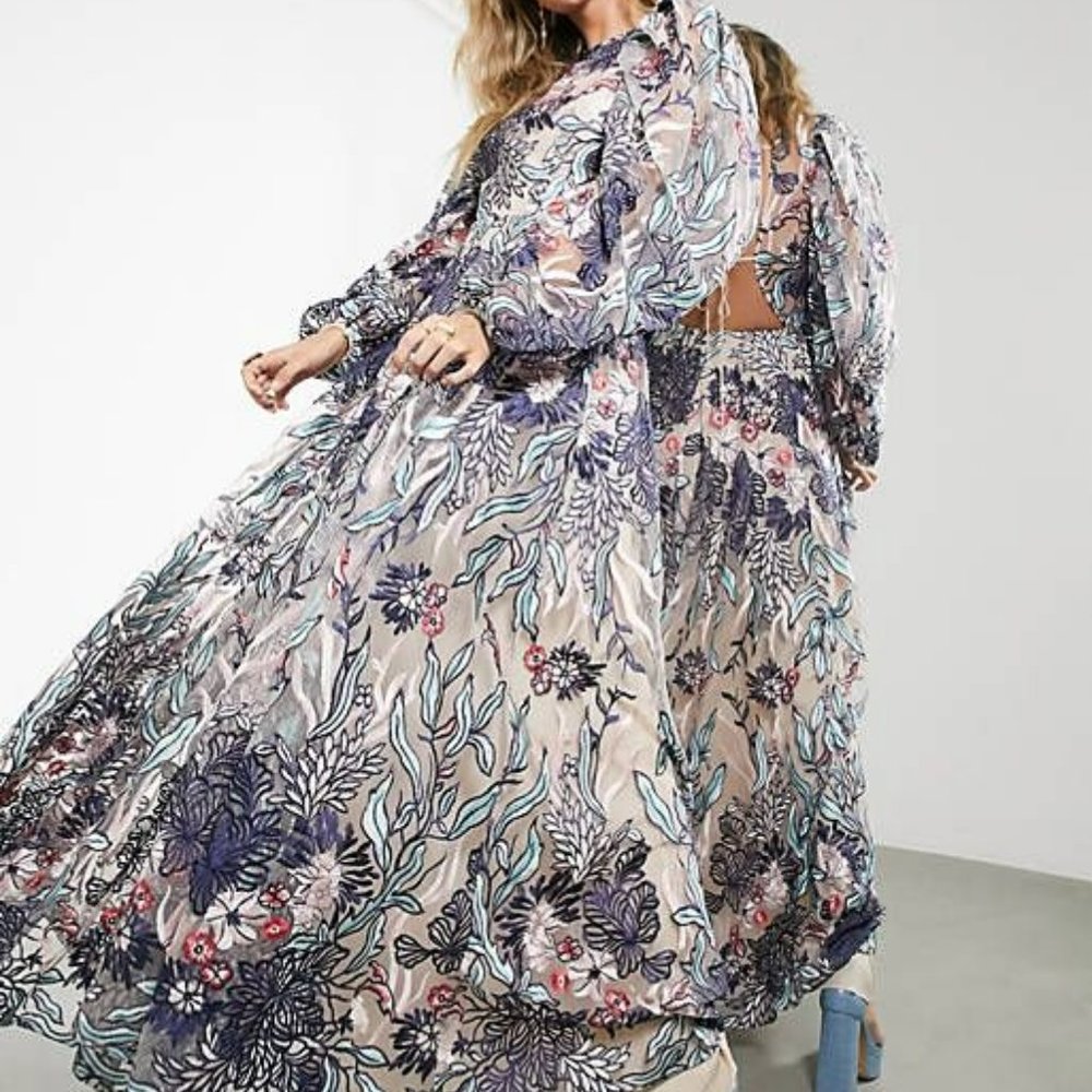 ASOS EDITION large floral embroidered dress with tie back in pink